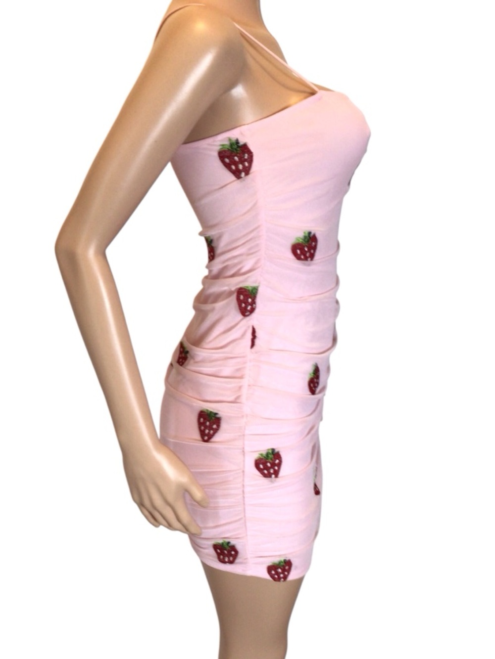 NWOT Rue21 Strawberry Mesh Ruched Mini Dress Pink Kawaii Sheer Overlay Stretch M - Picture 4 of 7